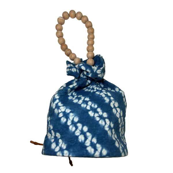 Handmade Indigo Tie-Dye Bucket Bag with Wooden Beaded Handle